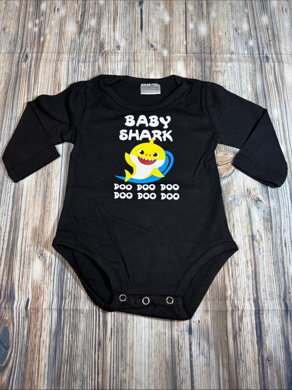 Warehouse Black Baby Shark Long-Sleeve Bodysuit with Yellow & Blue Graphic